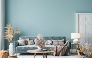 Mint green interior wall with long velvet sofa interior paint fumes