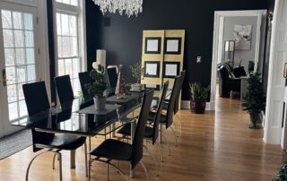 Modern dining room with wooden floors, creating paint and optical illusion of contrast