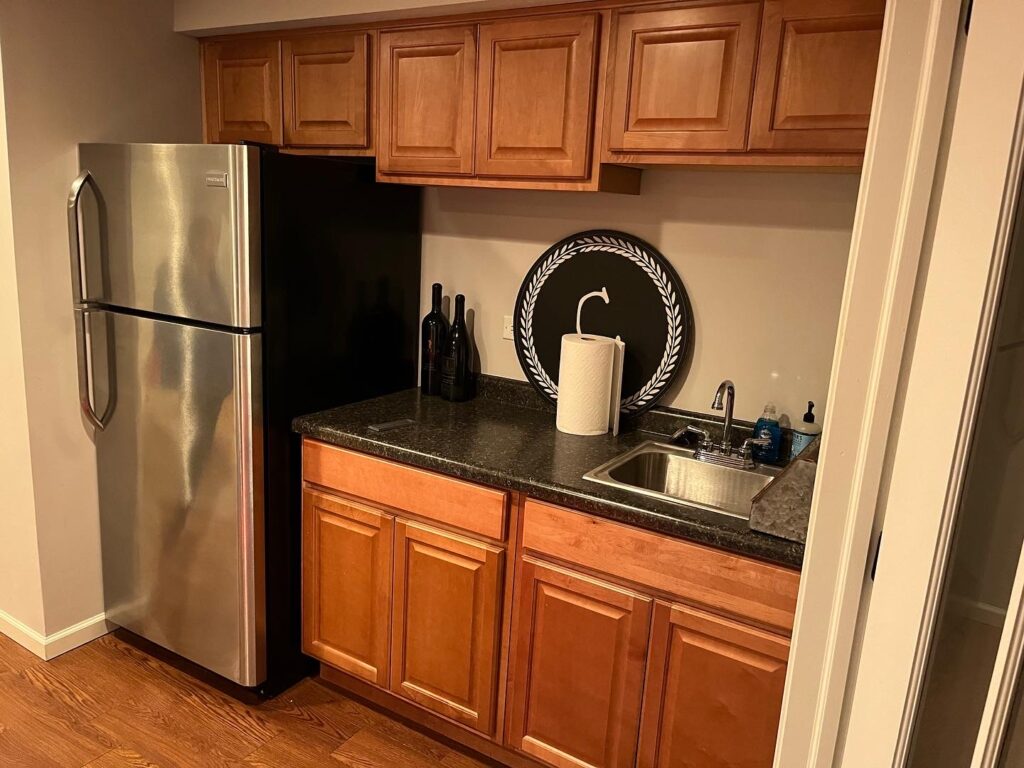 Small kitchen with wooden cabinets