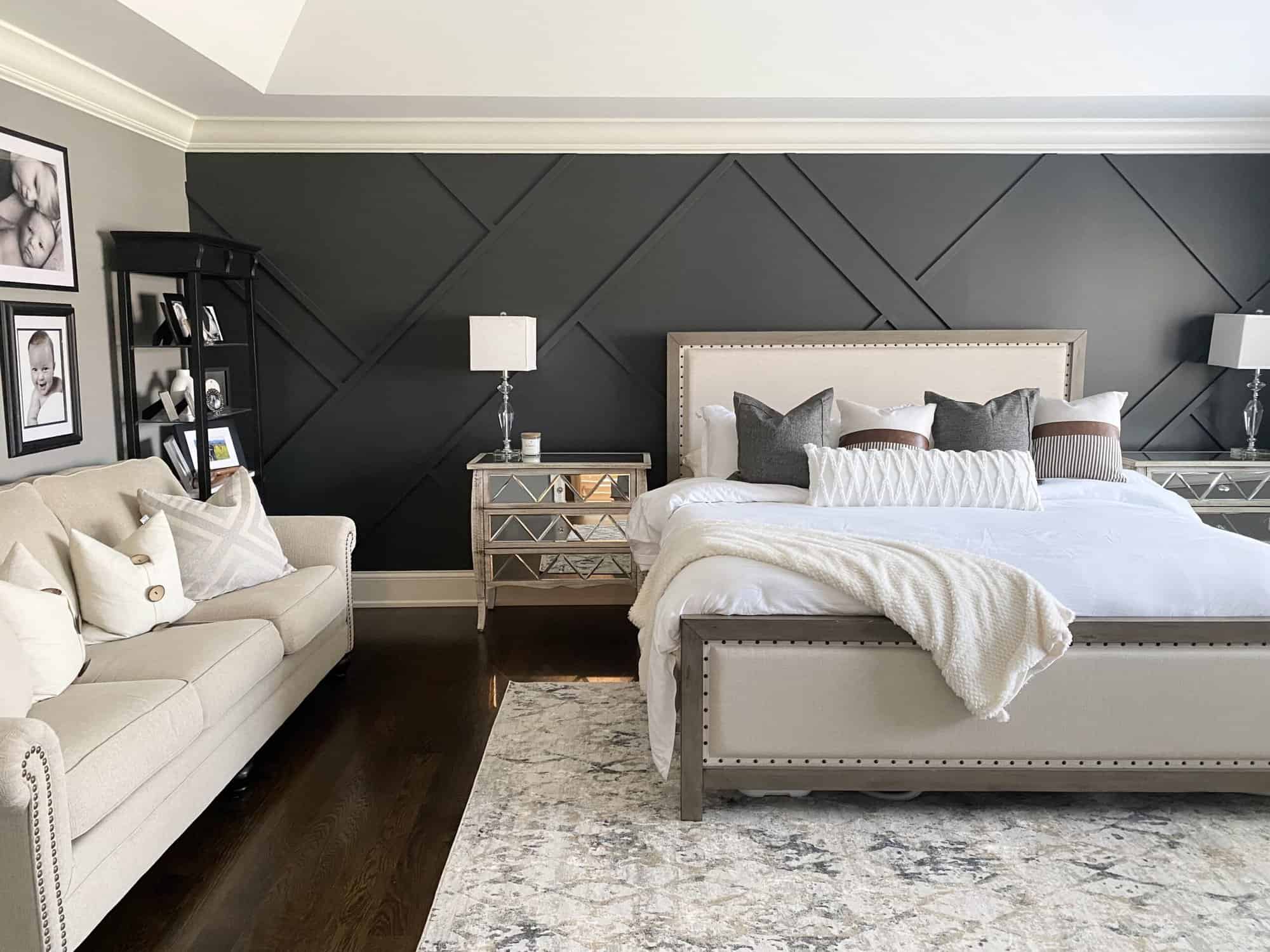 Modern bedroom with grey accent wall